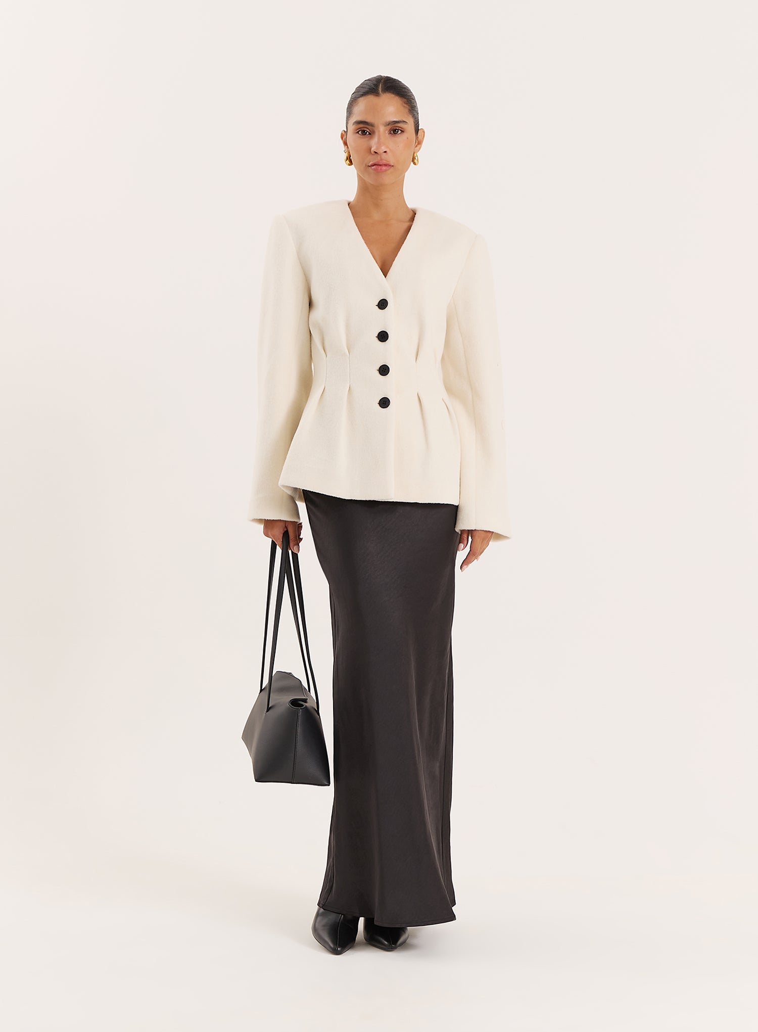 Cream Tailored Cinched Waist Wool Blend Blazer